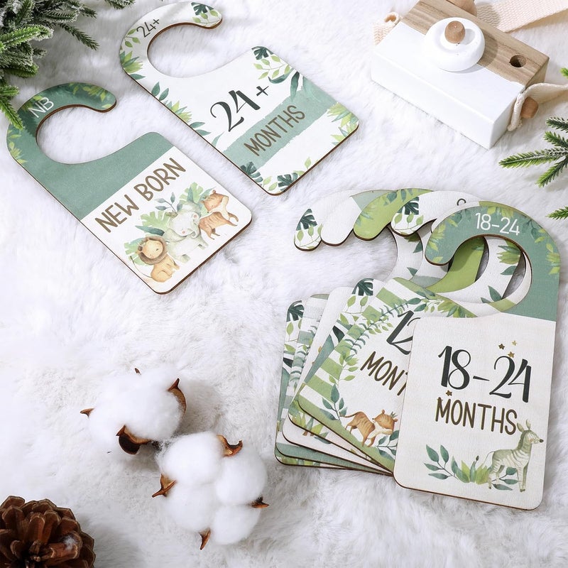Whaline 8Pcs Baby Closet Size Dividers Watercolor Jungle Animals Hanging Wooden Baby Closet Organizer Double-Sided Newborn to 24 Months Thicken Baby Wardrobe Organizer - Image 4